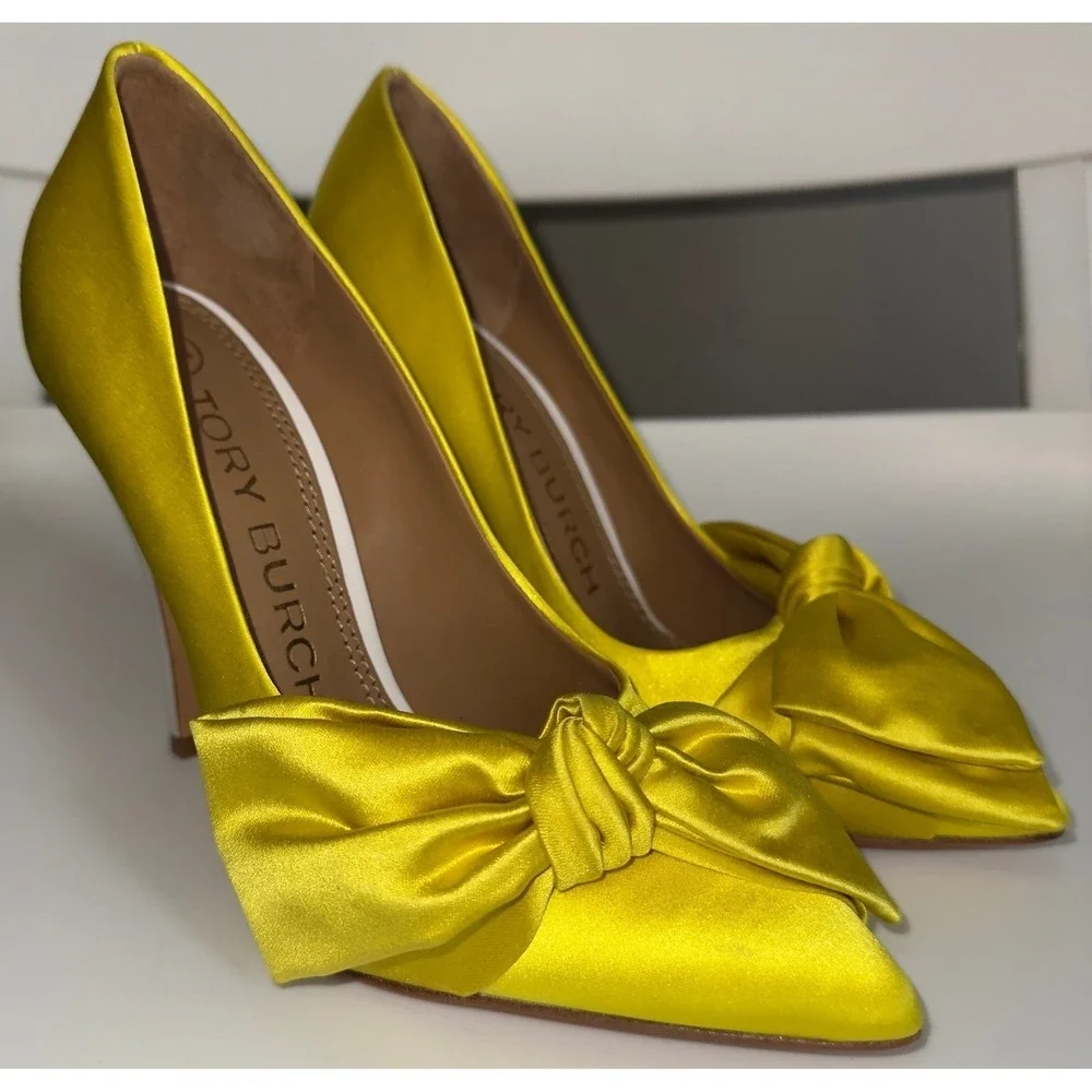 Tory‎ Burch Yellow Satin Bow Pointed Toe Pumps White Stiletto Heels Womens 5.5